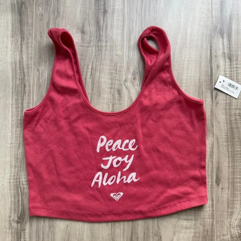 Roxy Peace Joy Aloha Ribbed Crop Tank Top Coral Pink Women’s Large